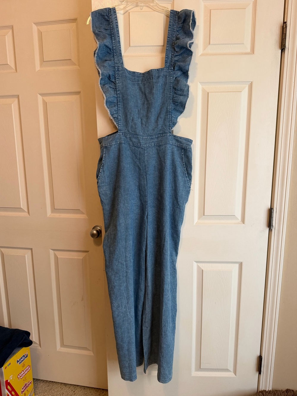 OddiDenim Ruffle-Strap Overalls in Light Blue